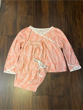 Garnet Hill Organic Cotton Pajama Set Women’s Large Pink White Sleepwear Pants